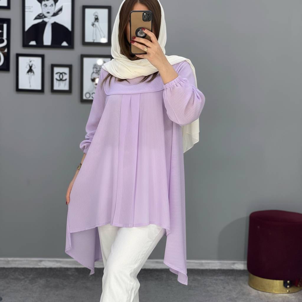 شومیز مانتویی سپیده جنس کرپ حریر میله ای فری سایز40تا 48