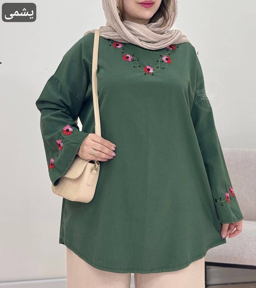 شومیز یقه گل تبسم جنس لنین الیاف فری سایز 38 تا 48