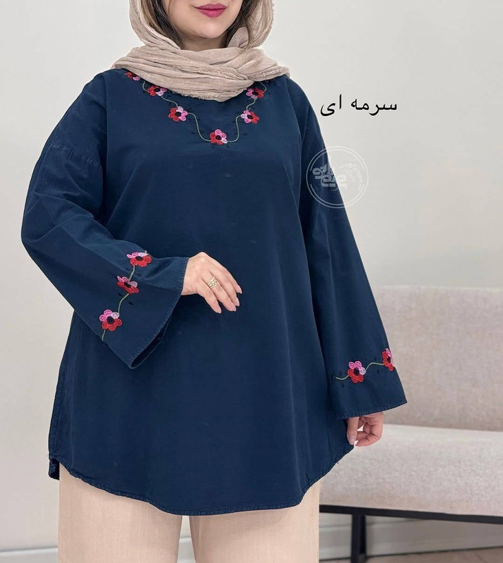 شومیز یقه گل تبسم جنس لنین الیاف فری سایز 38 تا 48