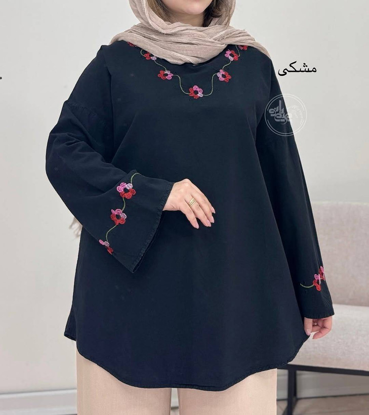 شومیز یقه گل تبسم جنس لنین الیاف فری سایز 38 تا 48