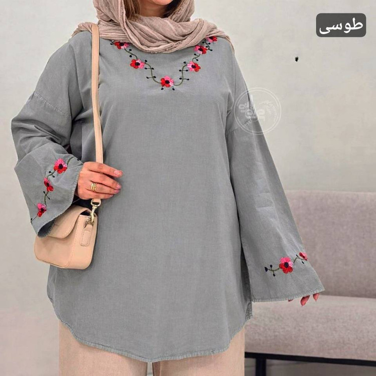 شومیز یقه گل تبسم جنس لنین الیاف فری سایز 38 تا 48