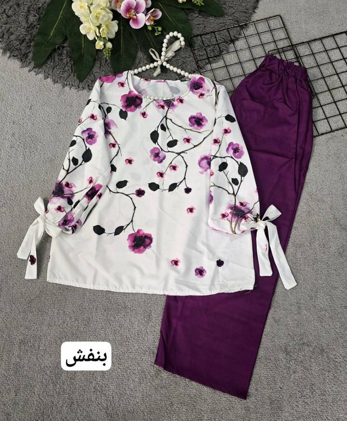 ست شومیز و شلوار شکوفه جنس بوگاتی فری سایز 36 تا 46