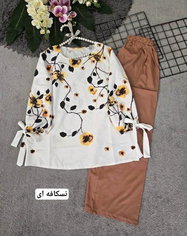 ست شومیز و شلوار شکوفه جنس بوگاتی فری سایز 36 تا 46