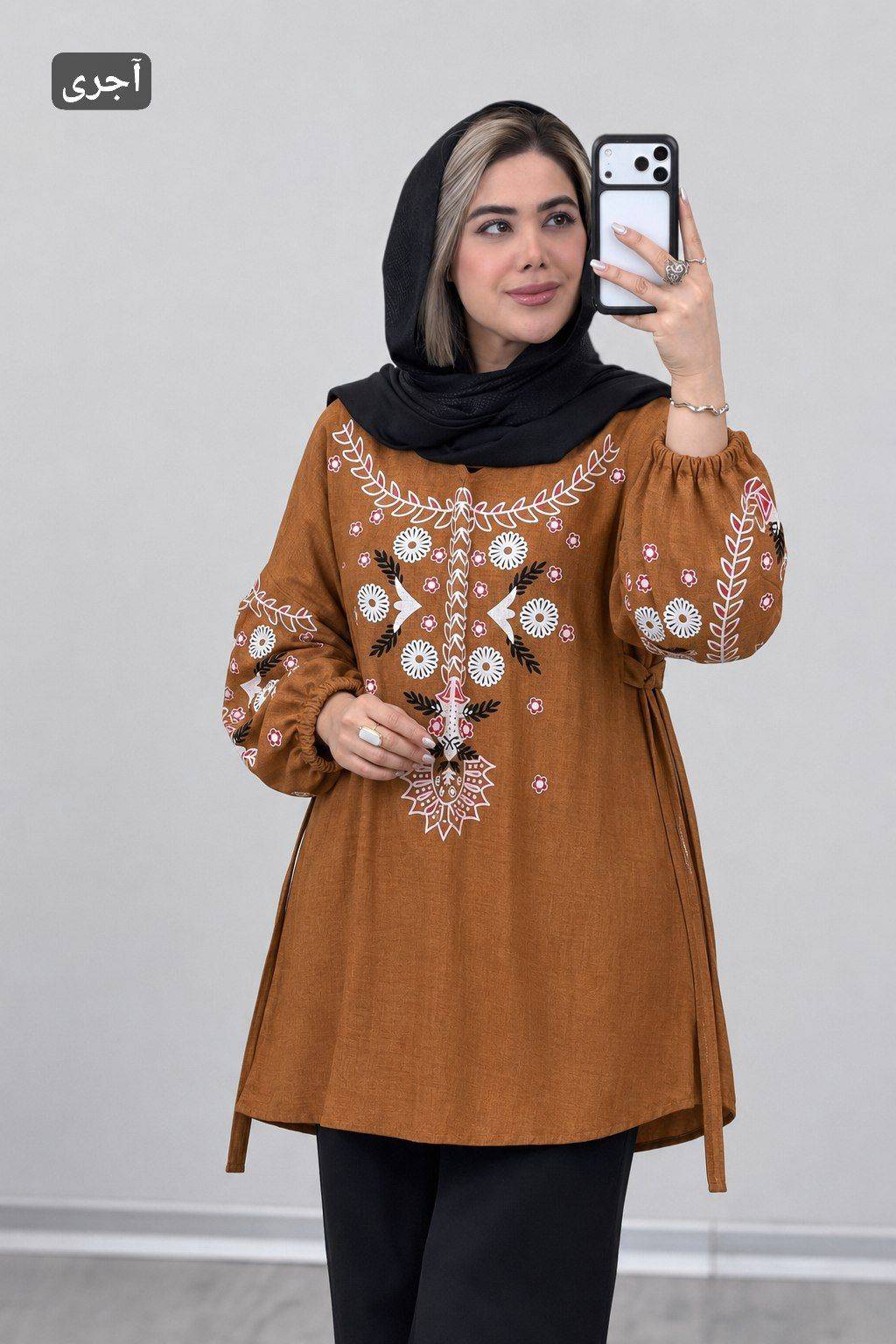 شومیز چاپی کمربند دار جنس شانتون فری سایز 38تا 48