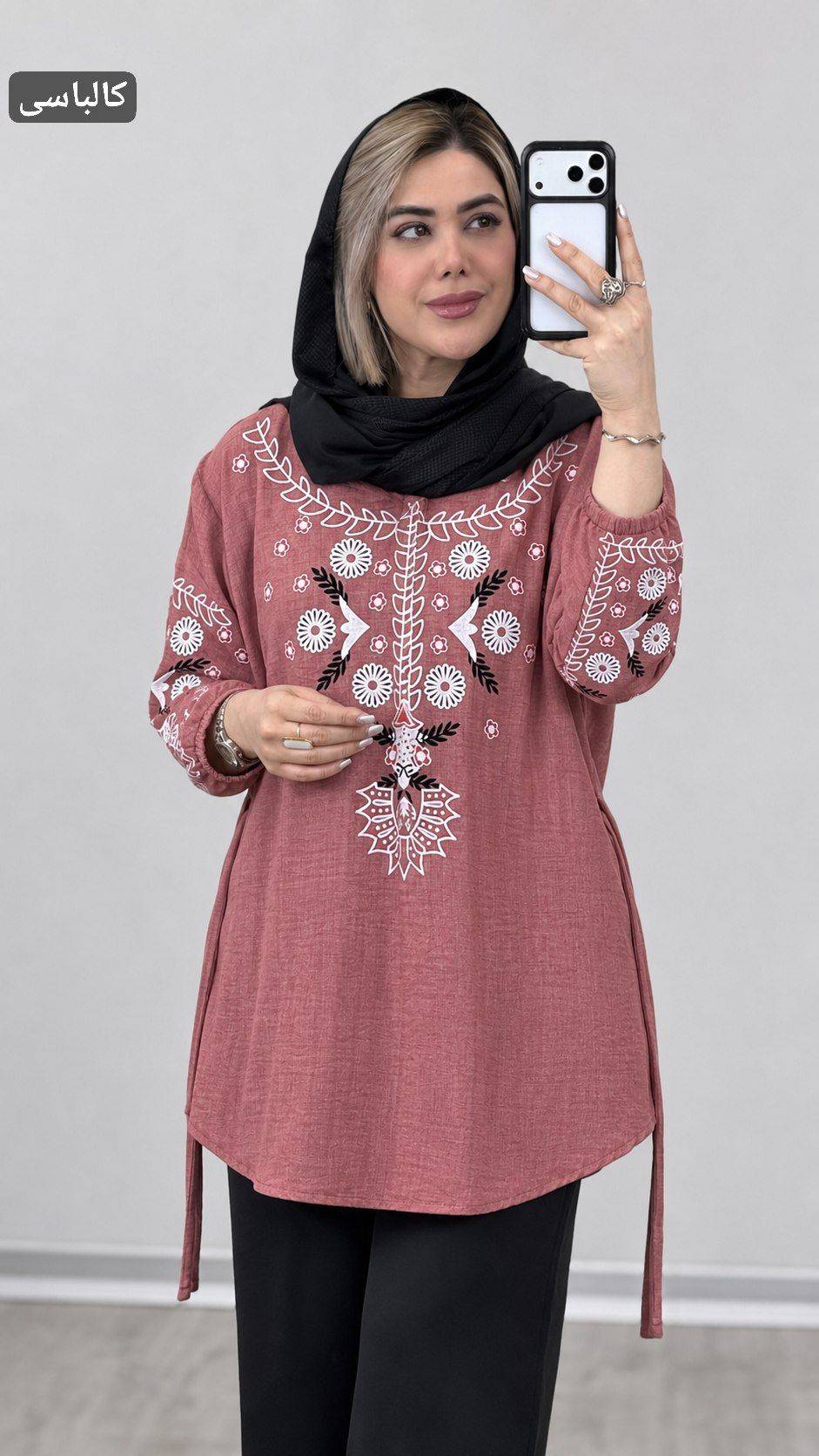 شومیز چاپی کمربند دار جنس شانتون فری سایز 38تا 48