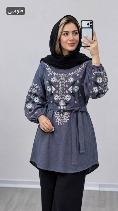 شومیز چاپی کمربند دار جنس شانتون فری سایز 38تا 48