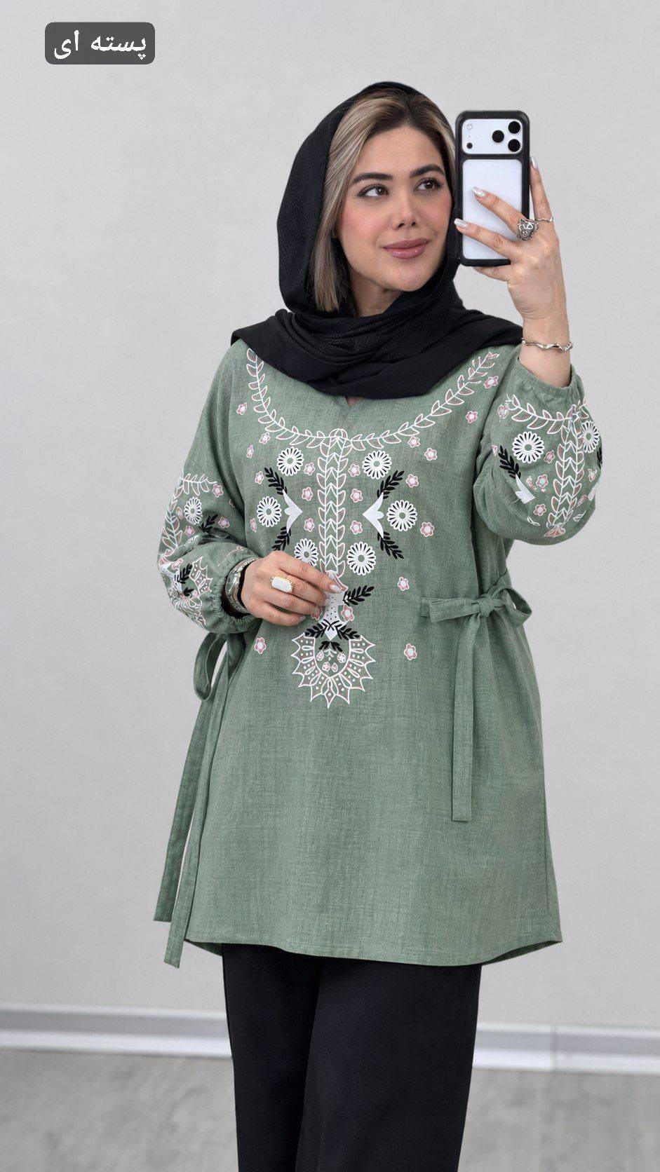 شومیز چاپی کمربند دار جنس شانتون فری سایز 38تا 48