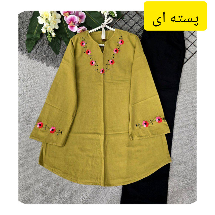 شومیز یقه گل تبسم جنس لنین الیاف فری سایز 38 تا 48
