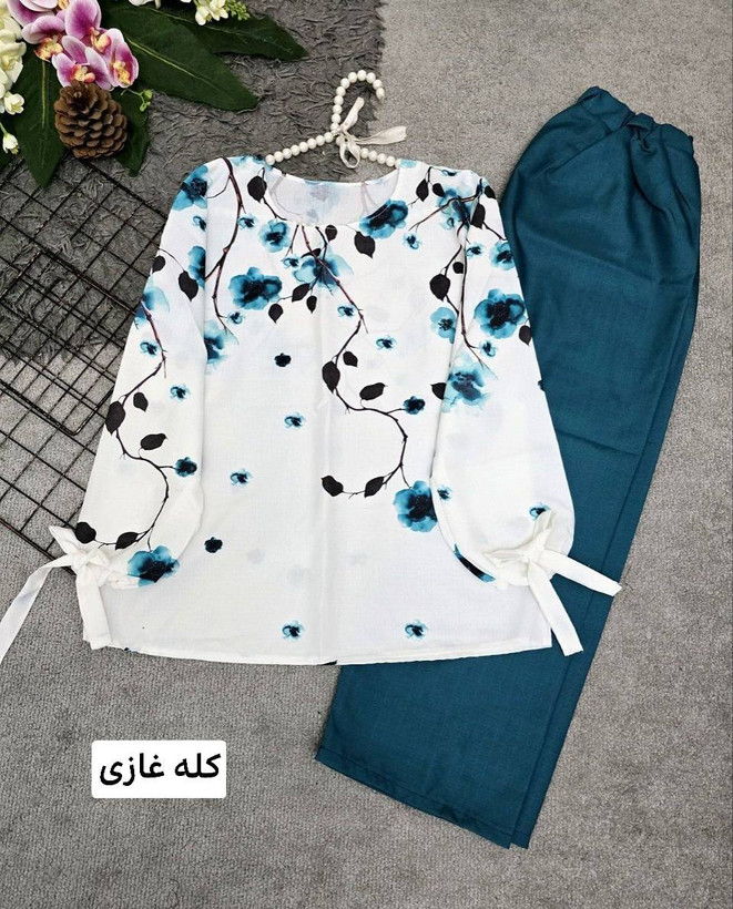 ست شومیز و شلوار شکوفه جنس بوگاتی فری سایز 36 تا 46