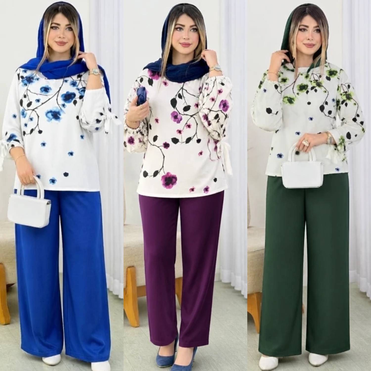 ست شومیز و شلوار شکوفه جنس بوگاتی فری سایز 36 تا 46